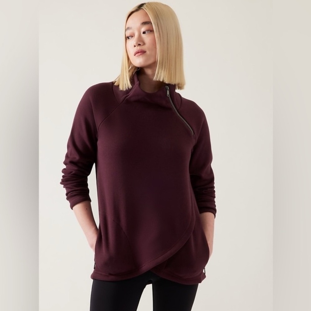 Athleta Burgundy Cozy Karma Asym Pullover Fleece Lined Sweatshirt Size 1X